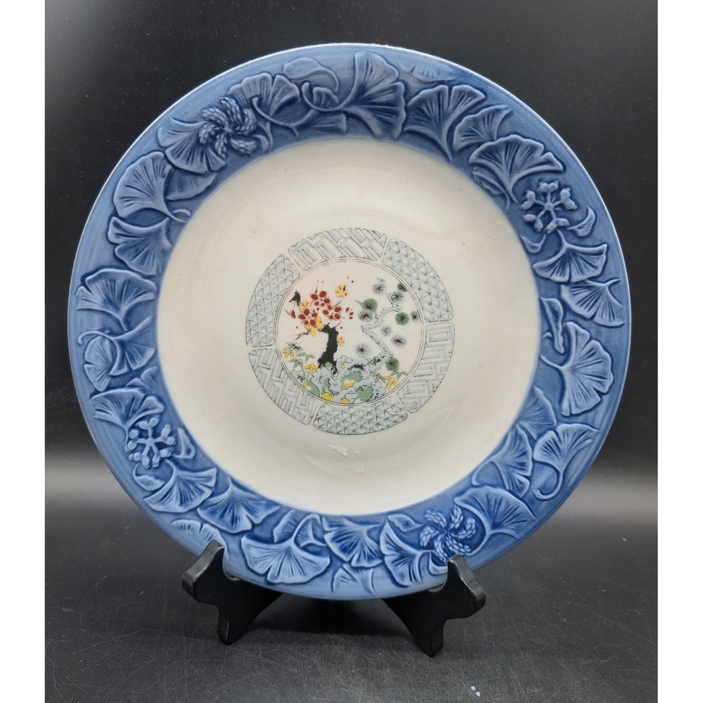 Vintage Blue Embossed Ginkgo Leaf Porcelain Plate Hand Painted Tree Center